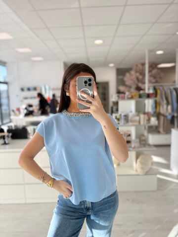 Tee-shirt Bleu avec Col en Strass